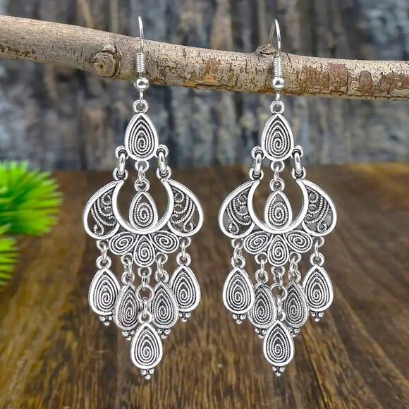 Women's Earrings Jewelry - Bohemian Earrings Silver Dangle Boho Hippie Mandala Filigree Hollow Cut Out NEW